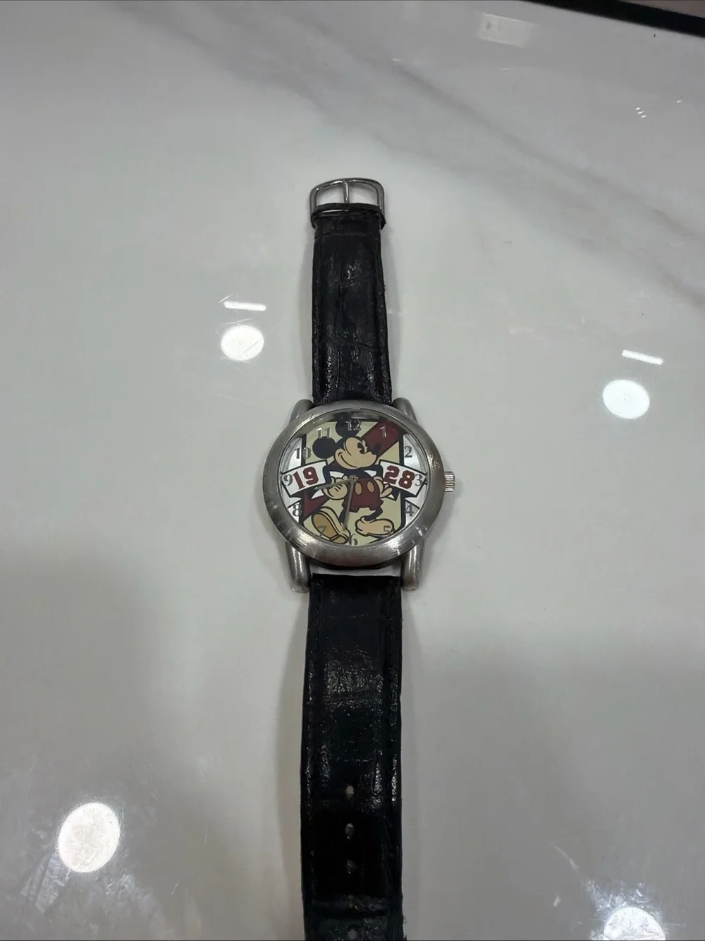 Black Leather Strap Mickey Mouse Wristwatch